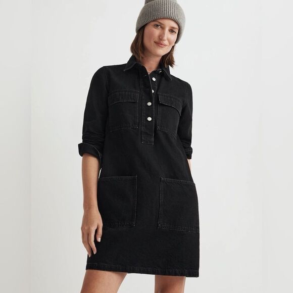 NWT Madewell Long Sleeve Denim Popover Mini Shirtdress in Clean Black Wash - Picture 3 of 10